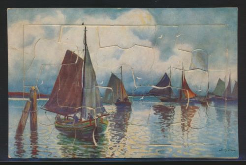 Ansichtskarte Puzzle Schiffe Segelboote Künstler sign. gelaufen nach Weissensee