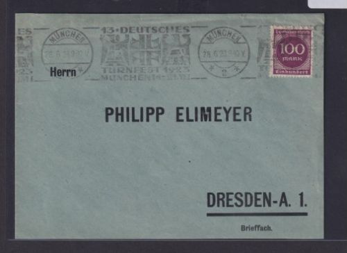 Deutsches Reich Brief inter. SST 13. Turnfest München Sport Turnen n. Dresden