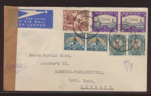 Afrika Zensur Brief Pretorua nach Hamburg Fuhlsbüttel Briitsche Zone 3.9.1949