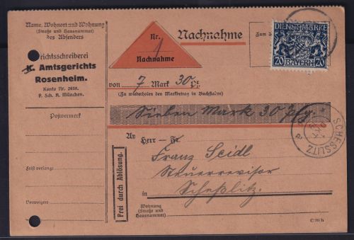 Nachnahme Altdeutschland Bayern Dienst EF 20 Brief Paketkarte Rosenheim nach