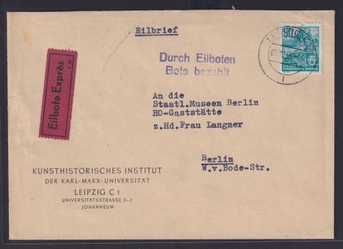 DDR Eilboten Brief Bote bezahlt EF 80 Pfg. Fünfjahrplan Leipzig nach Berlin