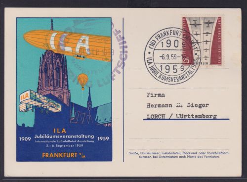 Flugpost Airmail ILA Sonderkarte Frankfurt Jubiläum nach Lorch Württemberg