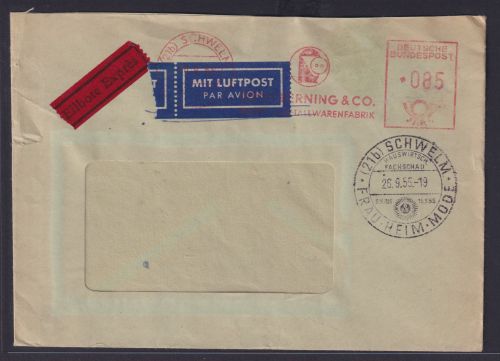 Bund Eilboten Flugpost mit Absenderfreistempel AFS 085 + Sonderstempel Schwelm