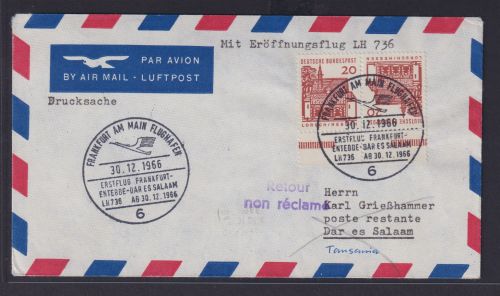 Flugpost airmail Brief Eröffnungsflug LH 736 Destination Dar es Salaam ab Frank-