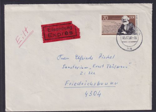 Bahnpost DDR Eilbrief 2787 EF 70 Pfg Marx Berlin BPA n Friedrichsbrunn via Halle