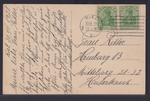 Deutsches Reich Infla MEF 20 Pfg. Germania Maschinenstempel Kiel nach Hamburg