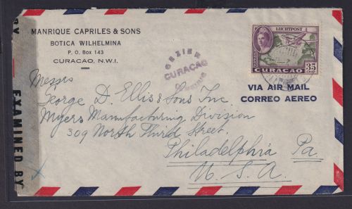 Curacao Niederlande Kolonien Zensur Brief Oranjestad Aruba EF 35 cent Flugpost