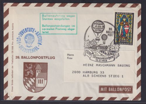 Flugpost Ballonpost Österreich Juventute 39. Ballonpostflug Mauerkirchen 10.3.68