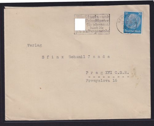 Deutsche Reich Brief EF 20 Pfg. Hindenburg Werbestempel Berlin nach Prag