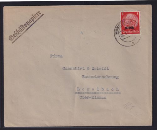 Elsaß Besetzung II. Weltkrieg EF 8 Pfg. Aufdruck Hindenburg Münsten n Logelbach
