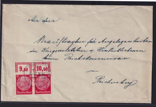 Deutsches Reich Brief 12 Pfg. Hindenburg Oberrand Paar Märisch Schonberg nach