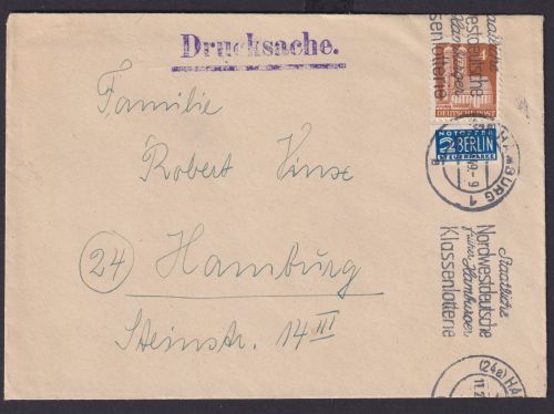 Bizone Brief Drucksache Werbestempel Nordwestdeutsche Lotterie Hamburg 11.2.1949