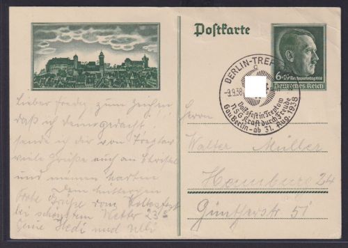 Deutsches Reich Hitler Ganzsache Propaganda Stempel Berlin Treptow Volksfest NSG