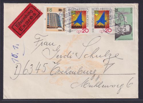 DDR Eilboten Brief Dresden nach Eschenburg Hessen Thüringen Glas 5.1.1984