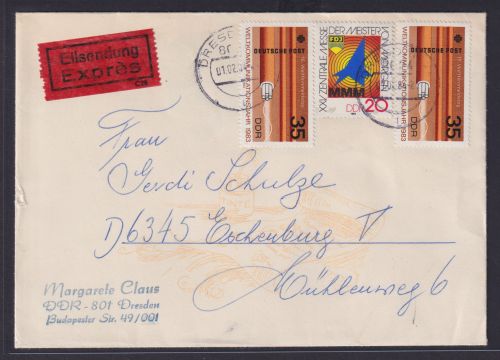 DDR Eilboten Brief Dresden nach Eschenburg Hessen Weltkommunikation 1.2.1984