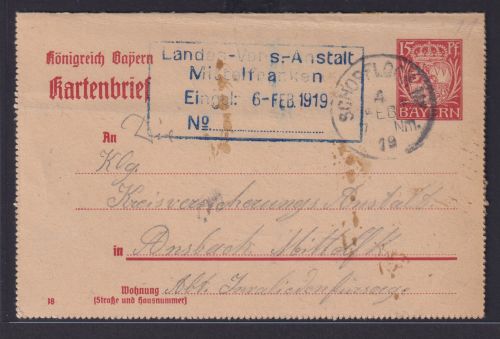 Altdeutschland Bayern Ganzsache Kartenbrief Schopfloch nach Ansbacg 4.2.1919