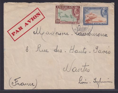 Flugpost airmail Curacao Destination Willelmstad Nantes Frankreich Karibische