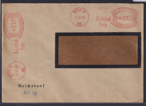 Deutsches Reich Absenderfreistempel AFS Berlin einmal 005 + 010 Reichsbank