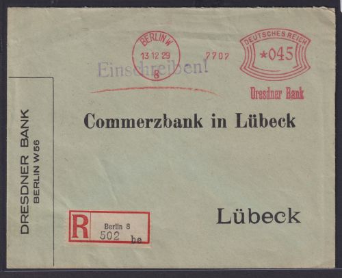 Deutsches Reich R Biref AFS Absenderfreistempel Berlin n Lübeck m. Siegelmarke