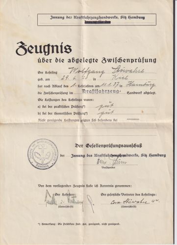 Hamburg Innung des Kraftfahrzeughandwerks KFZ Zeugnis 1937