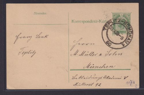 Österreich Ganzsache Kaiserreich Teplitz Schönau Tschechien München 1908