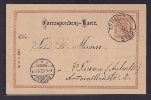Österreich Kaiserreich Ganzsache K1 Teplitz Sudetenland Böhmen n Dessau 1893