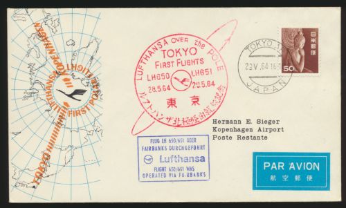 Flugpost Lufthansa Erstflug Japan Tokio Over the Pole Polarflug Kopenhagen