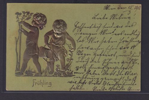 Ansichtskarte Jugendstil Art Nouveau Prägekarte Goldauflage Frühling mit Kindern