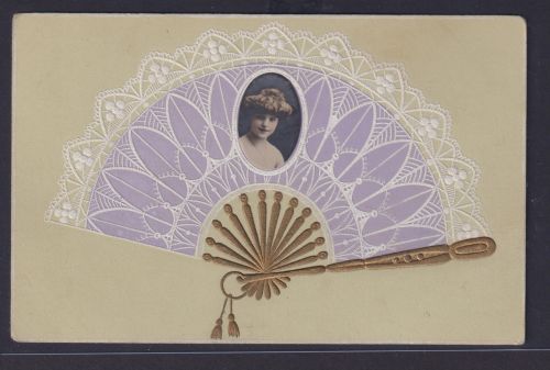 Ansichtskarte Jugendstil Art Nouveau Fächer Gold Prägekarte Junge Schönheit