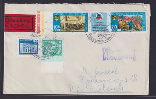 DDR Eilboten Brief Zusammendruck Jugendfestival + Bauten Jena n Glinde via Bad