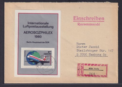 DDR R Brief EF Block 59 Luftpost Ausstellung Aerosozphilex Halle nach Hamburg