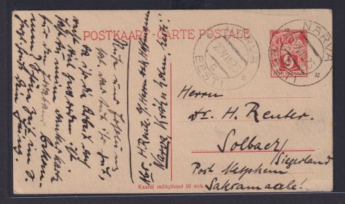 Estland Ganzsache P 2 von Narva nach Sohlbäk Siegerland Post Nephen 20.8.1925