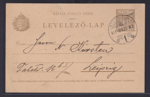 Ungarn Ganzsache GSK 5 Filler K2 Szombathely nach Leipzig 21.4.1911