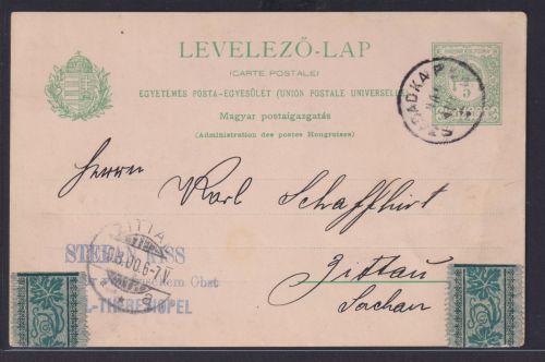 Ungarn Ganzsache GSK 5 Filler SZABADKA P.UDV Serbien nach Zittau 1900
