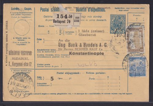 Ungarn Ganzsache Paketkarte 10 Filler blau mit ZuF Budapest nach Konstantinopel