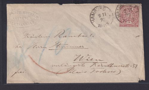 Altdeutschland Norddeutscher Bund EF 1 Gr. schw. K1 Hamburg I.A. n. Wien