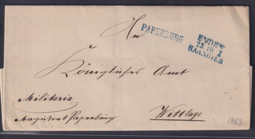 Militaria Bahnpost Hannover Altdeutschland blauer L1 Papenburg blauer R 3 Emden