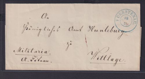 Militaria Altdeutschland Hannover Brief blauer K2 Fürstenau nach Wittlage und