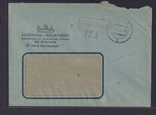 All. Besetzung Selb Reklame Brief Gebühr bezahlt Rosenthal Isolatoren 7.11.1945