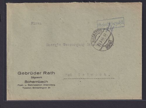 Altensteig Franz. Zone Württemberg Brief Gebühr bezahlt Bad Teinach 28.8,.1946