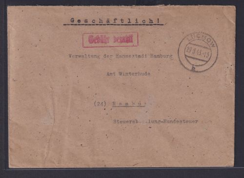 Bizone Lüchow Wendland Geschäftsbrief Gebühr bezahlt nach Hamburg 29.8.1945