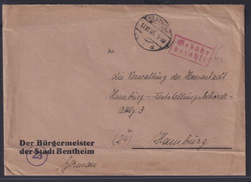Bizone Bentheim Gebühr bezahlt Brief vom Bürgermeister nach Hamburg