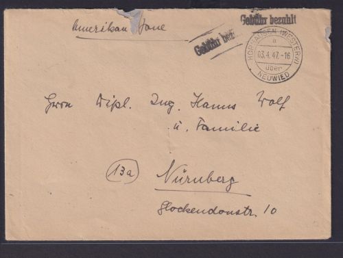 Besetzung Brief Landpoststempel Horhausen Westerwald über Neuwied Gebühr bezahlt