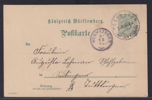 Altdeutschland Württemberg Ganzsache 5 Pfg mit alten Zweikreisstempel Wurmlingen