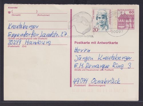 Bund Frage Ganzsache Burgen & Schlösser 60 Pfg. plus ZuF Hamburg Osnabrück