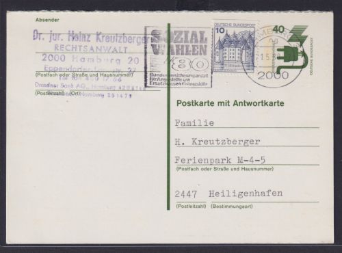 Bund Ganzsache 40 Pfg. Unfall Antwort Masch.Stempel Hamburg Sozial Wahlen