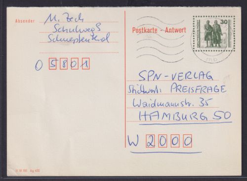 DDR Ganzsache P 108 A Antwort Goethe Schiller Denkmal Eisenach nach Hamburg