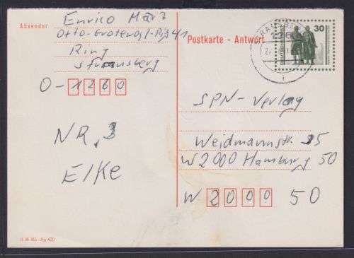 DDR Ganzsache P 108 A Antwort Goethe Schiller Denkmal Strausberg nach Hamburg
