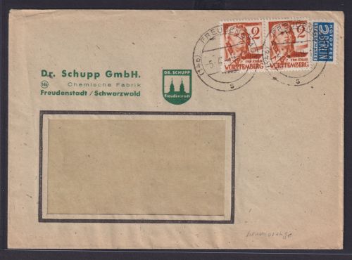 Besetzung Franz. Zone Württemberg Brief MEF 28 Paar Freudenstadt Firma Schupp