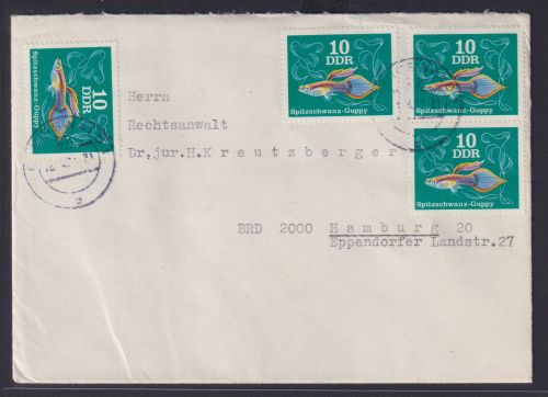Tiere Fische DDR Brief 4x 2176 Spitzschwanzguppy Greifswald nach Hamburg